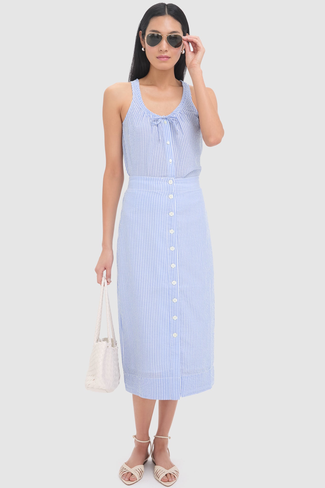 Blue and White Button Front Skirt