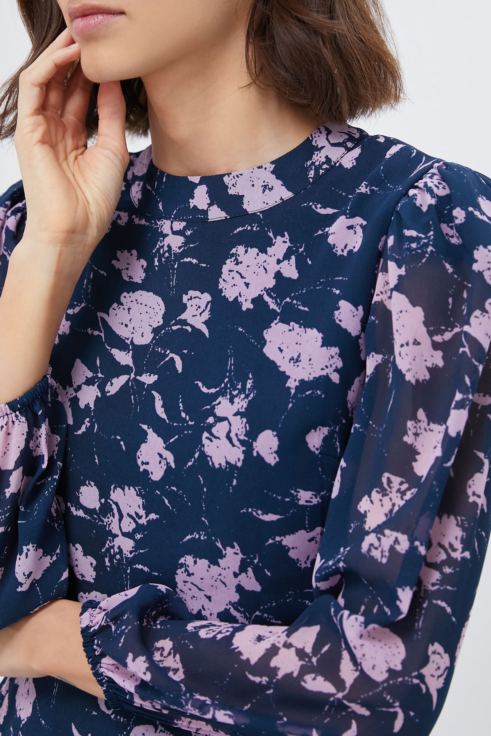 Navy & Blush Abstract Floral Rosalind Ruffle Midi Dress