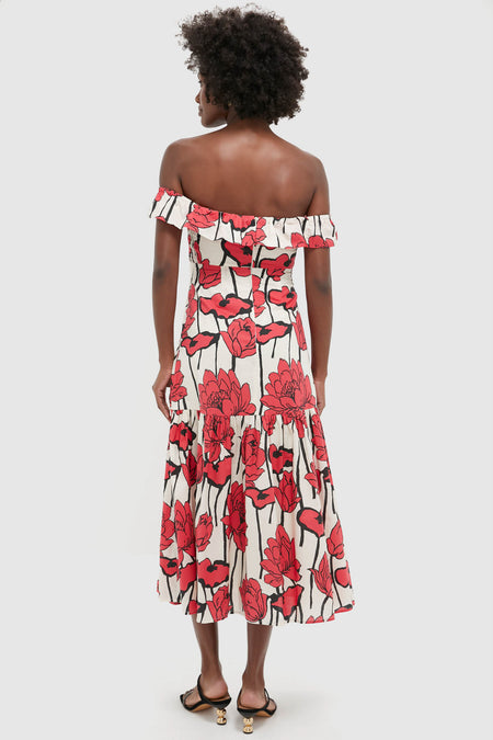 Red & Cream Floral Floral Off-the-Shoulder Giselle Dress