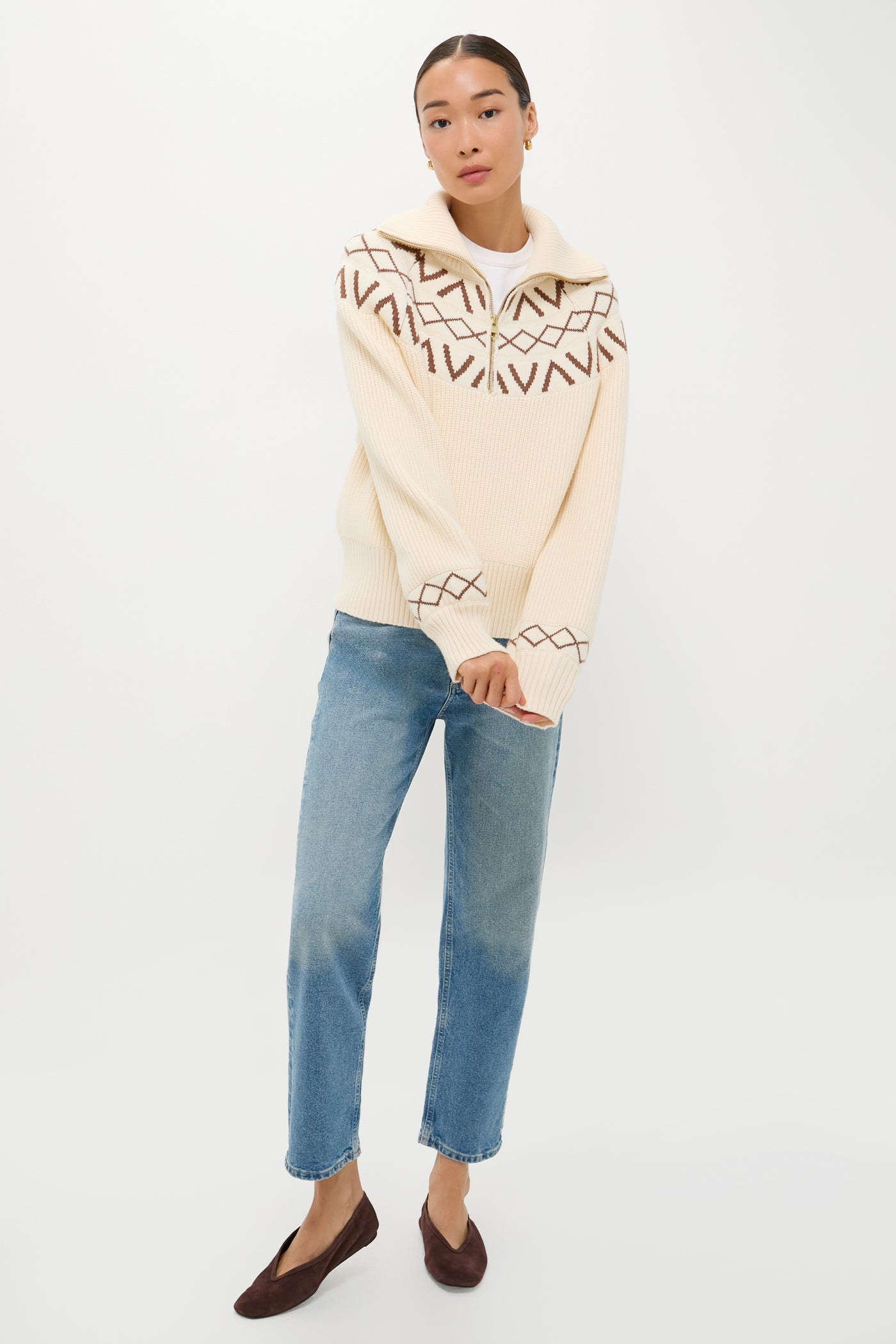 Whitecap Grey Sigrid Fairisle Half Zip Knit