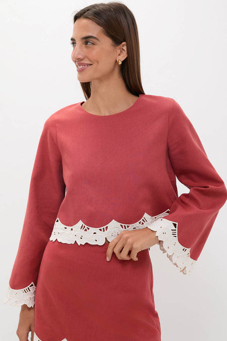 Red Eyelet Trim Cotton Linen Maxine Top