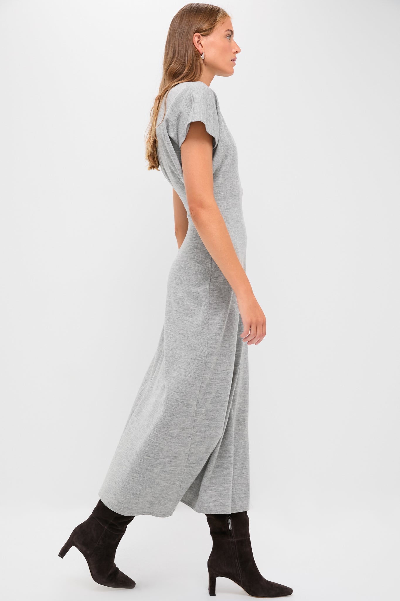 Light Smoke Heather Wool Jersey Knit Crew Neck Short Sleeve A-Line Dress