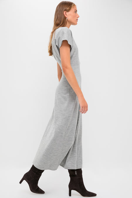 Light Smoke Heather Wool Jersey Knit Crew Neck Short Sleeve A-Line Dress