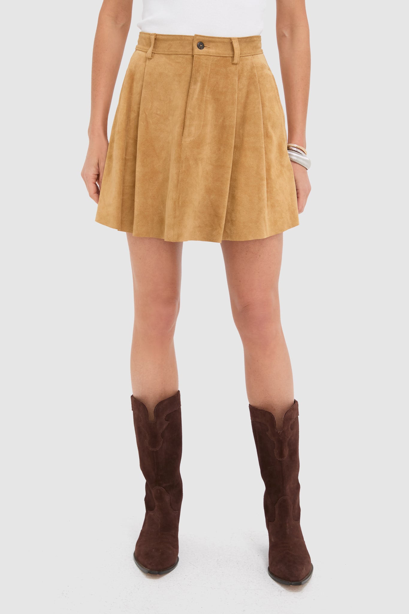 Gold Dust Cow Roughout Suede Leather Skin Mini A-Line Skirt | Polo
