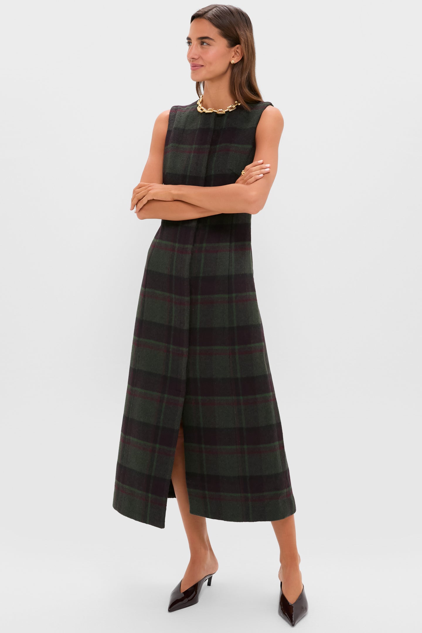Forest Plaid Wool Rhoda Midi Dress