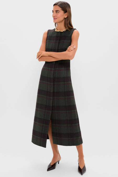 Forest Plaid Wool Rhoda Midi Dress