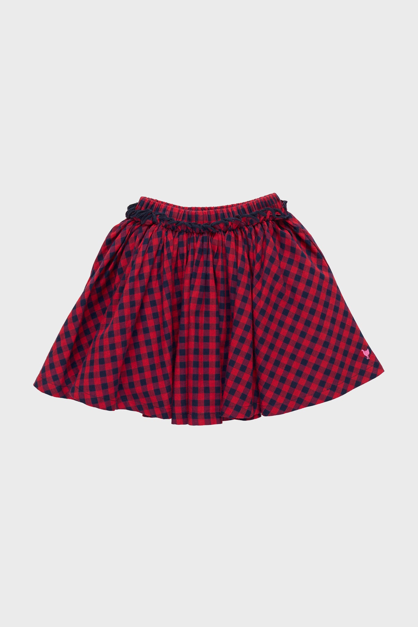 Classic Red Blue Check Gianna Skirt with a fun, effortless A-line silhouette and elastic waist, featuring ruffle trim for a high-end, vibrant look.