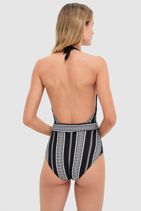 Black Luchia Deep V Belted One Piece