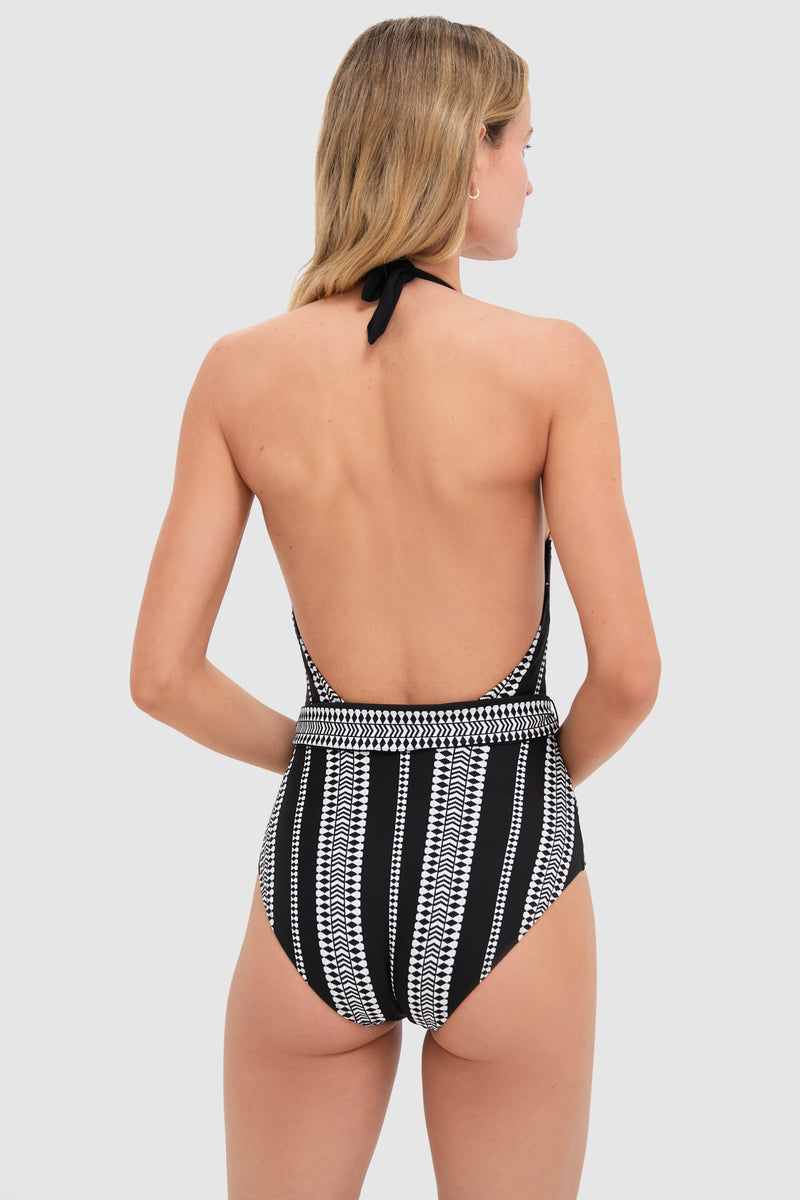 Black Luchia Deep V Belted One Piece