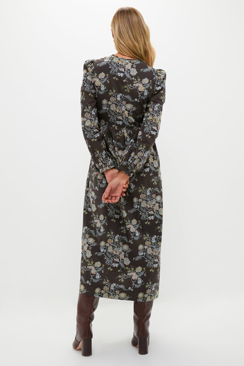 Long Sleeve Brown Multi Floral Oslo Midi Dress