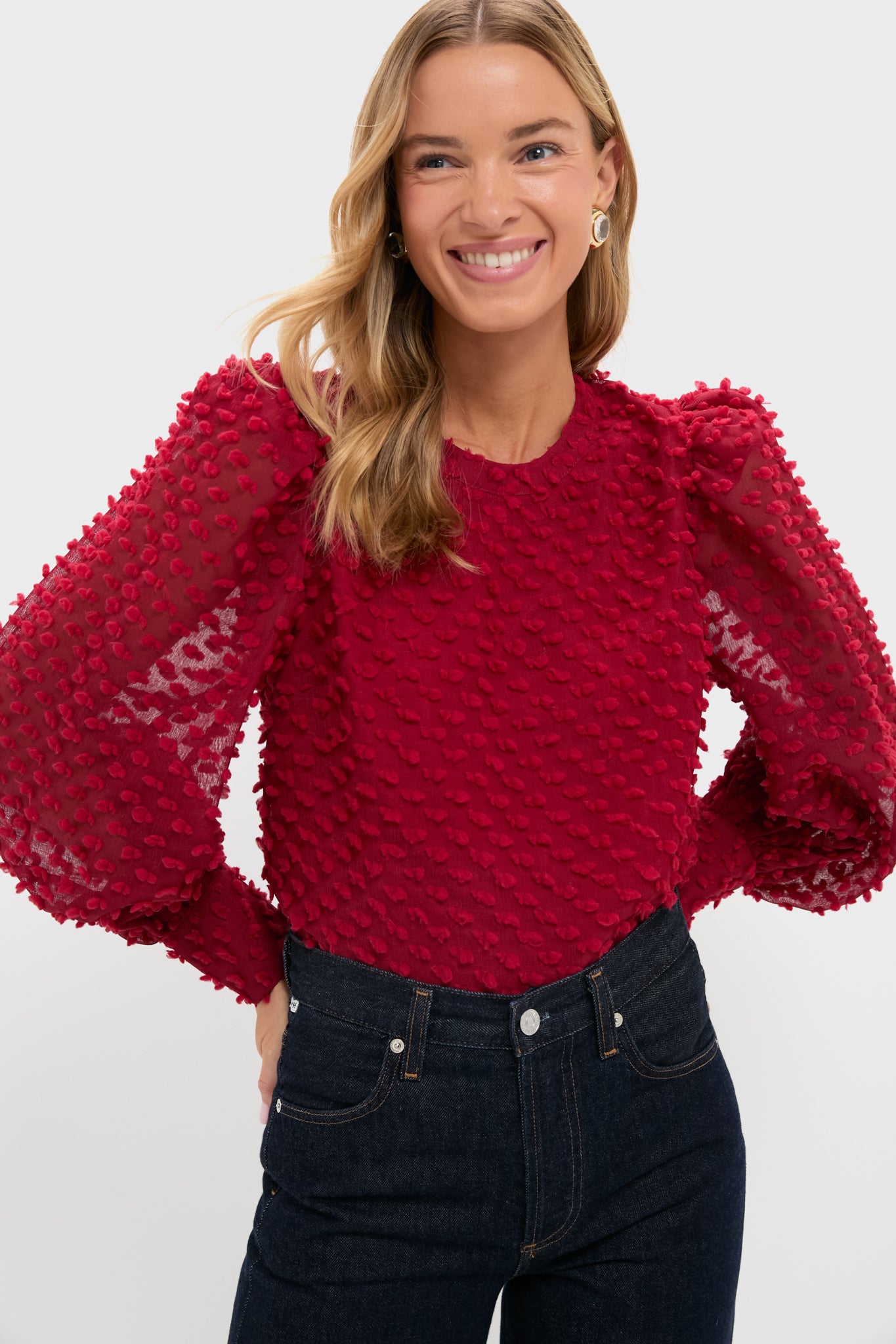 Red Textured Long Sleeve Harriet Blouse
