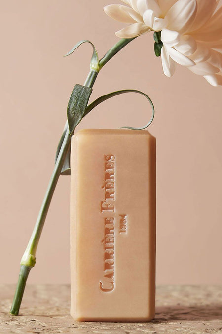 Florae Solid Body Soap—a classic, high-end peachy-beige bar embossed with a logo, paired with a creamy flower, exuding effortless floral and citrus elegance.