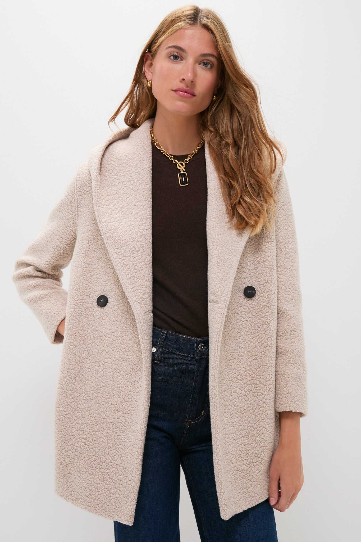 Almond Hooded Double Breasted Boucle Jacket