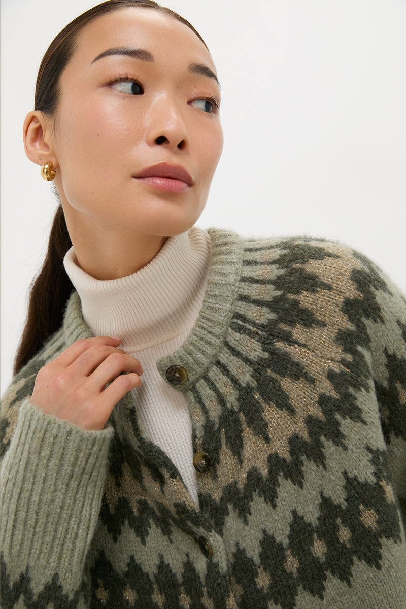 Fir Green Lurex Marlow Fair Isle Cardigan