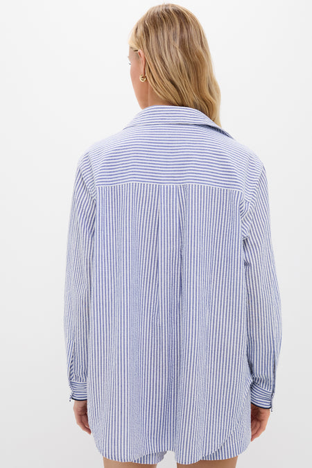 Embroidered Octopus Blue Stripe Seersucker Carden Button Down