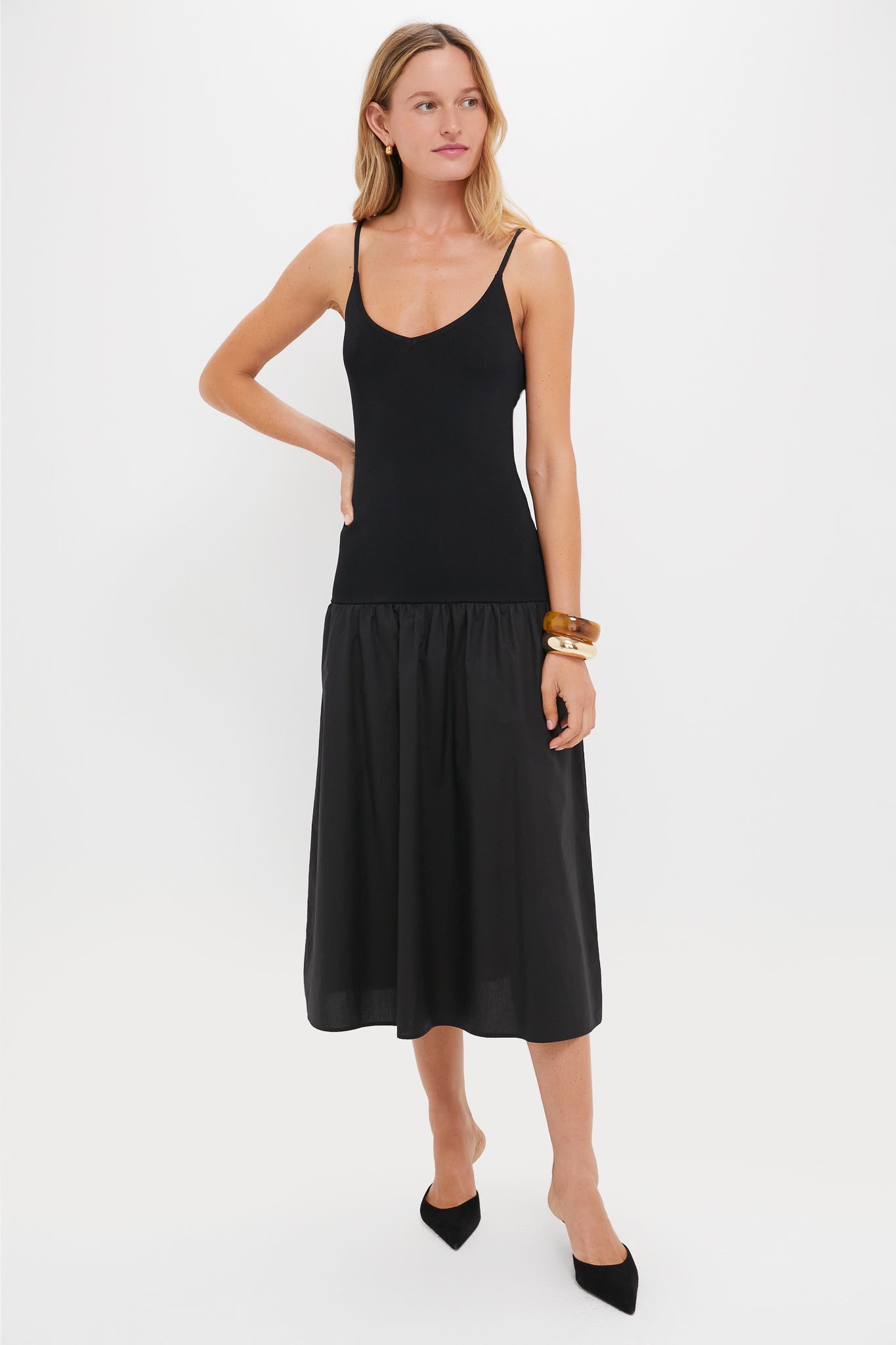 Black Mixed Media Drop Waist Ayden Midi Dress