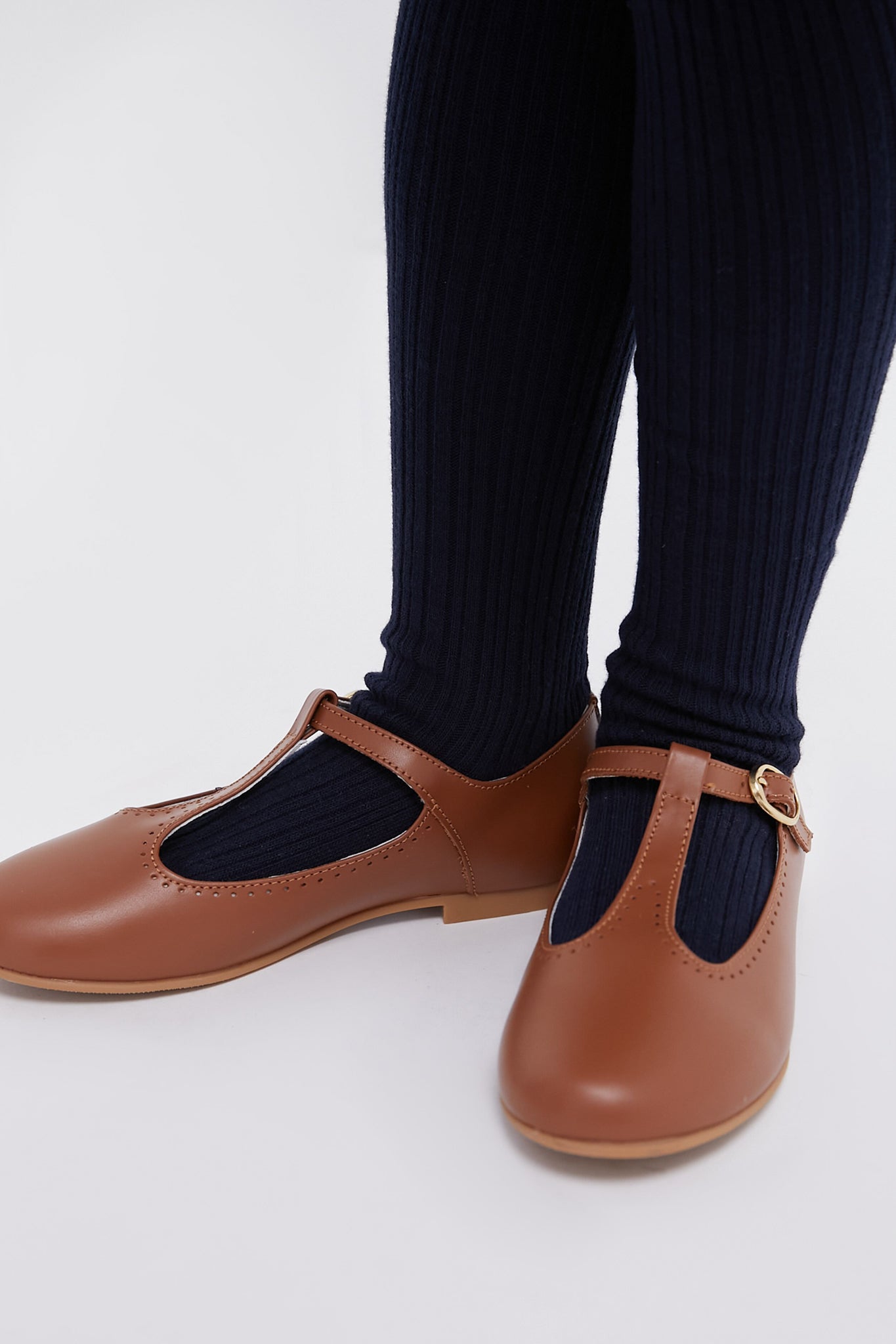 Dark Tan Leather T Bar Shoes