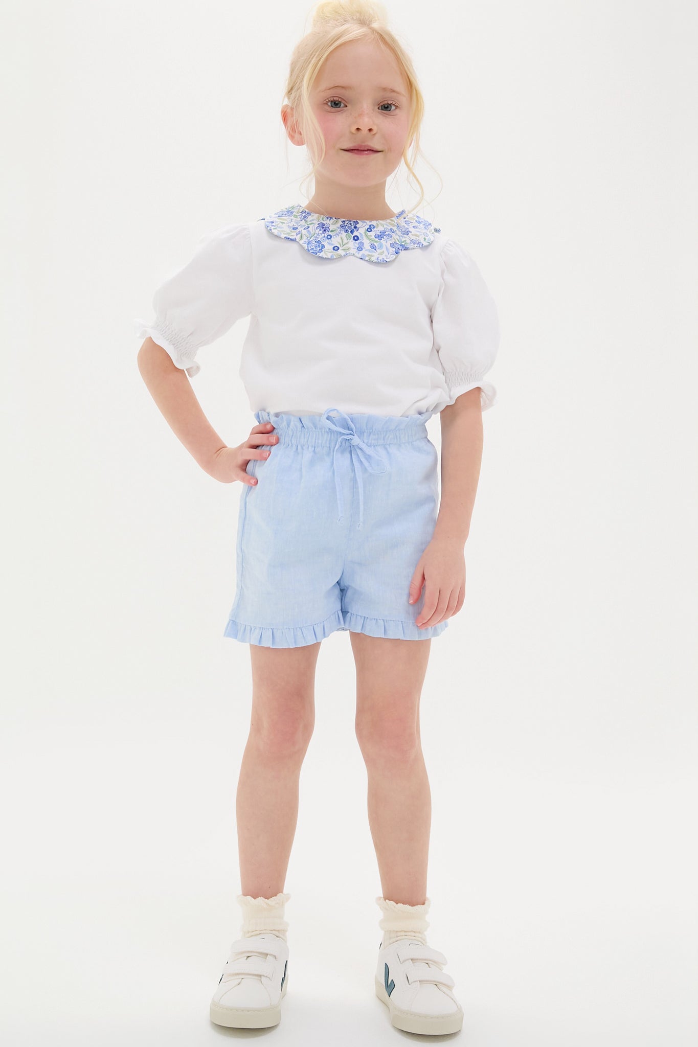 Light Blue Flores Cotton Girls Shorts