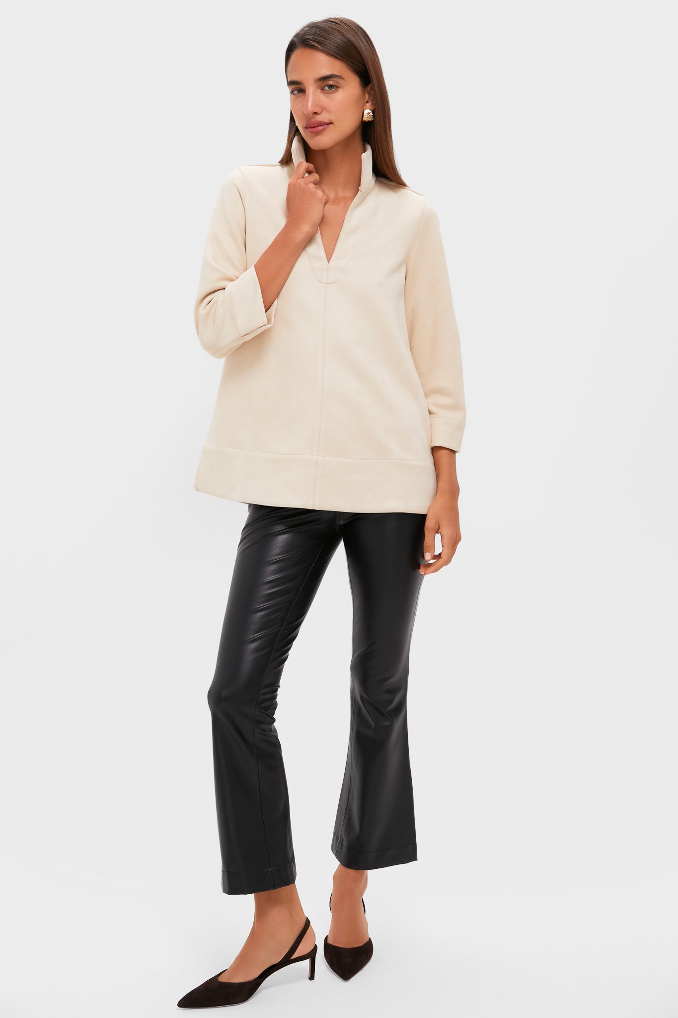 Bone Suede Margot Stand Collar Blouse