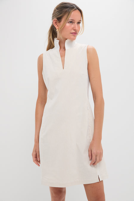 Khaki and White Stripe Performance Seersucker Briar Golf Dress