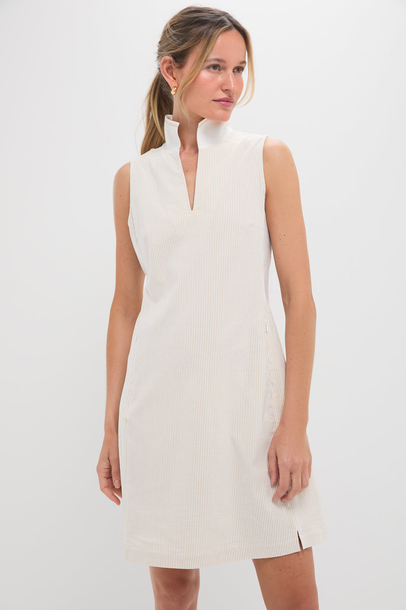 Khaki and White Stripe Performance Seersucker Briar Golf Dress