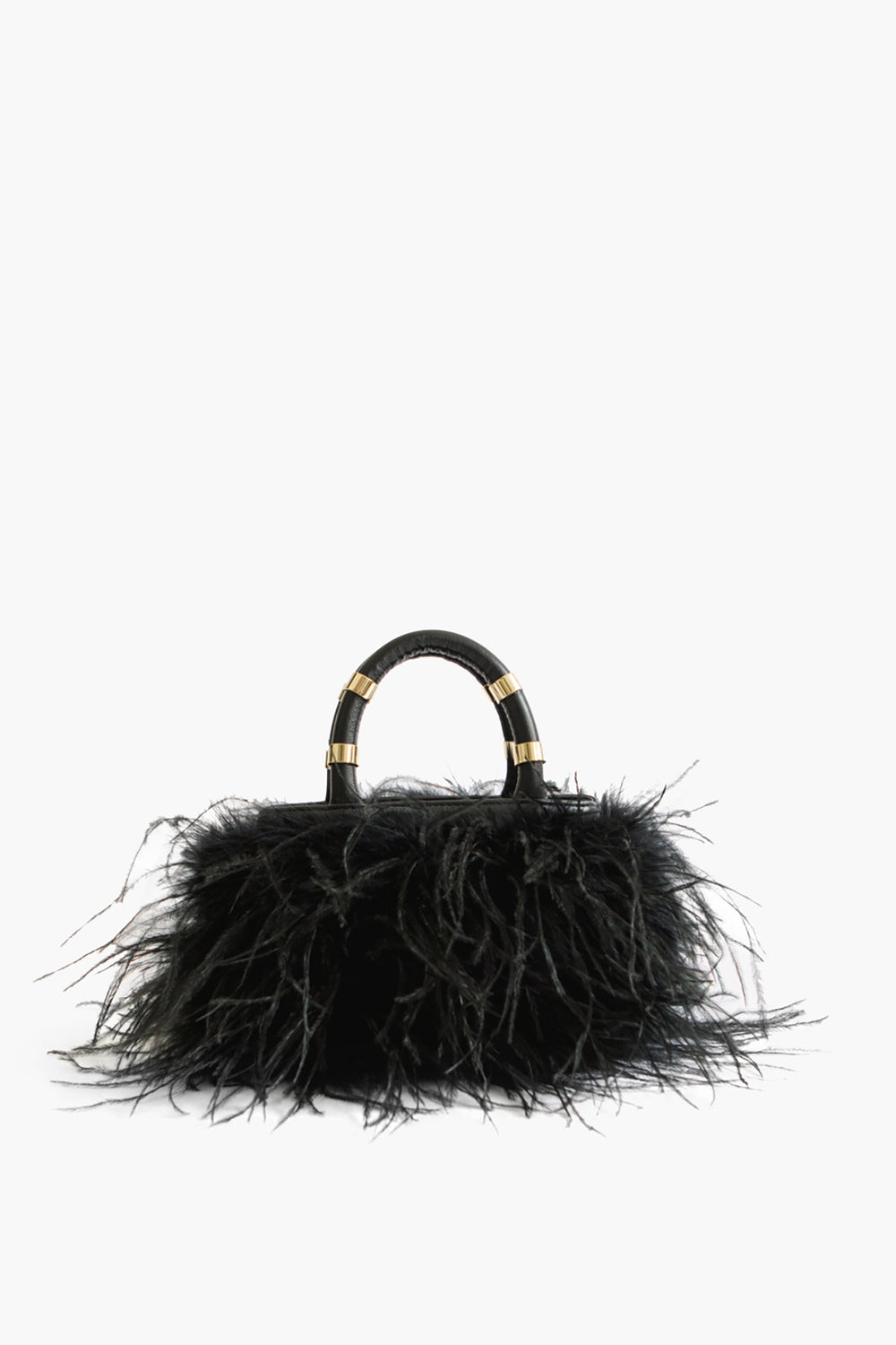 The J.LOWERY small black ostrich feather handbag features a fluffy exterior, gold-accented short handle, and leather crossbody strap—perfect as a chic designer party bag.