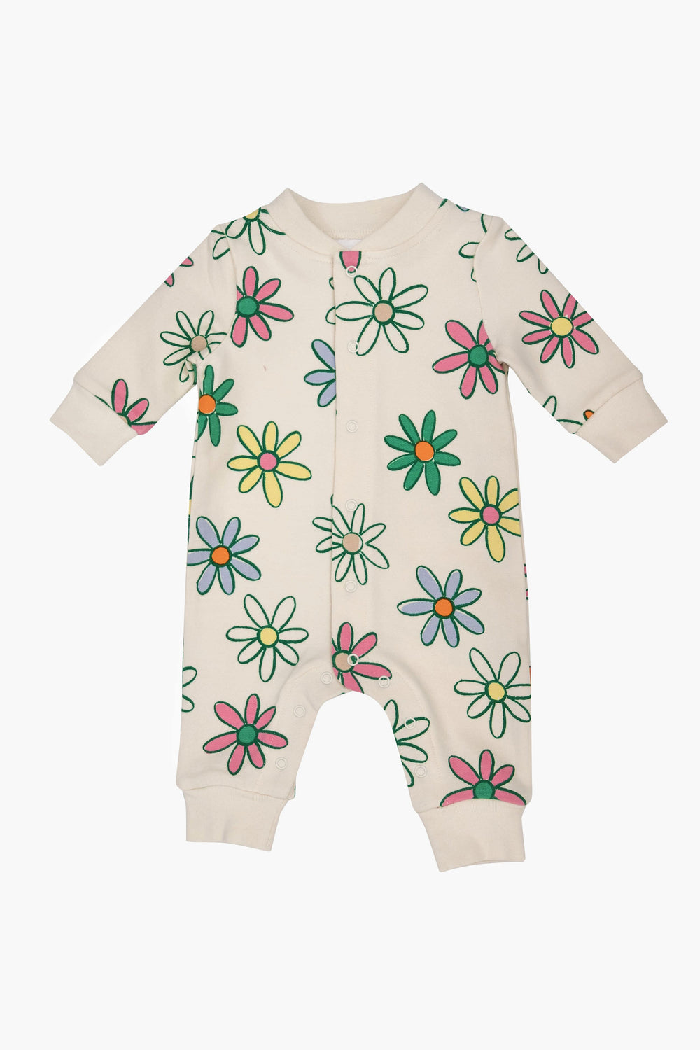 Angel Dear romper with baseball collar, multicolored daisy print, front snap buttons, and ribbed cuffs on wrists and ankles. Made from soft organic cotton for cozy comfort.