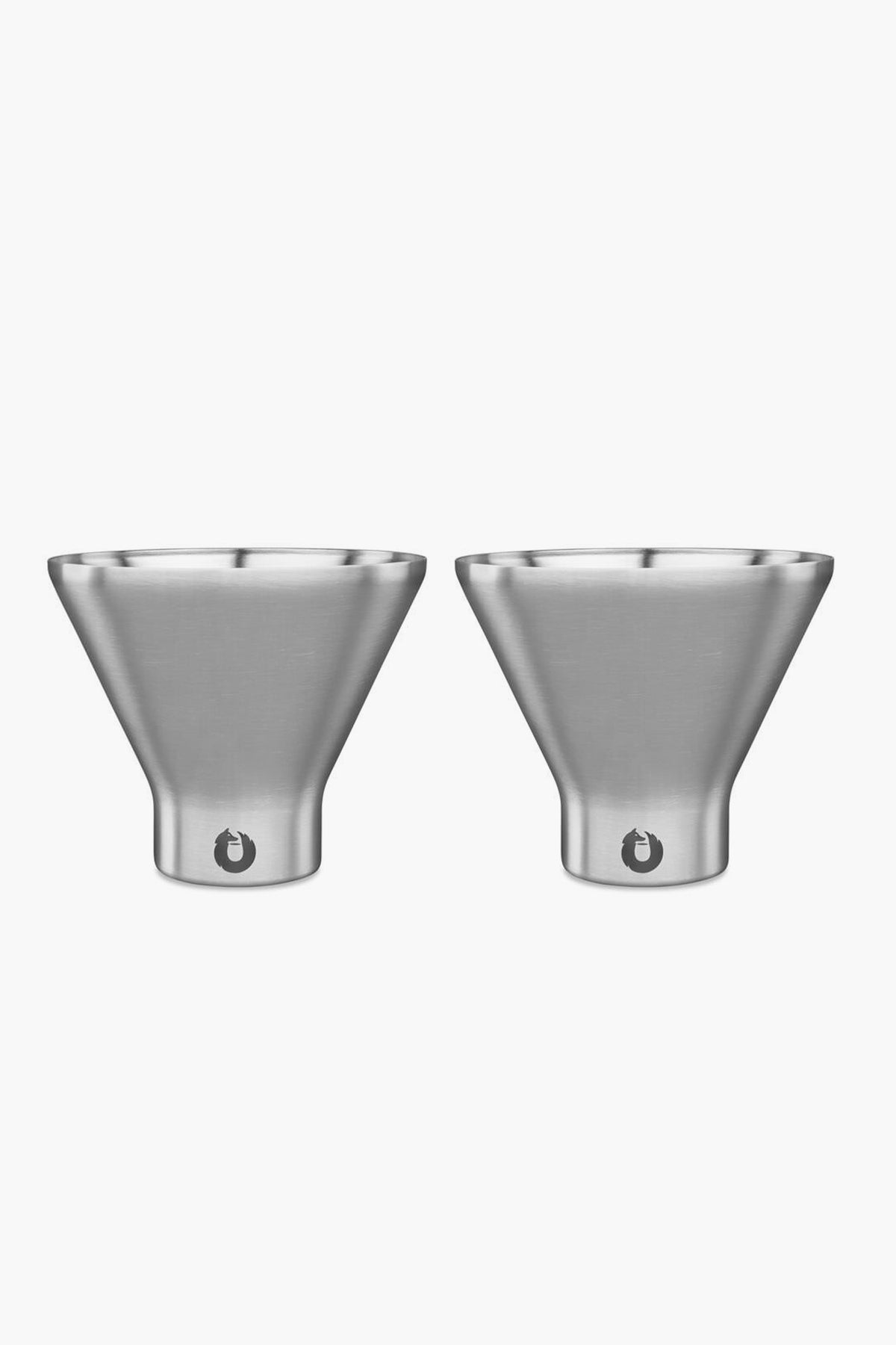 Two Snowfox insulated stainless steel, cone-shaped cups with a brushed finish and a small flame logo at the base are displayed side by side—ideal as shatterproof martini glasses or stylish stemless cocktail glasses.