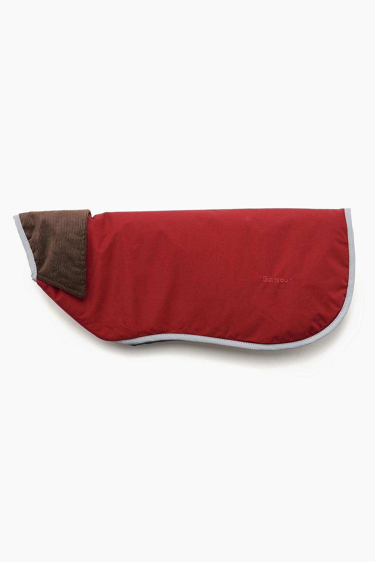 A Barbour red and brown lightweight dog coat with grey trim, shown laid flat.