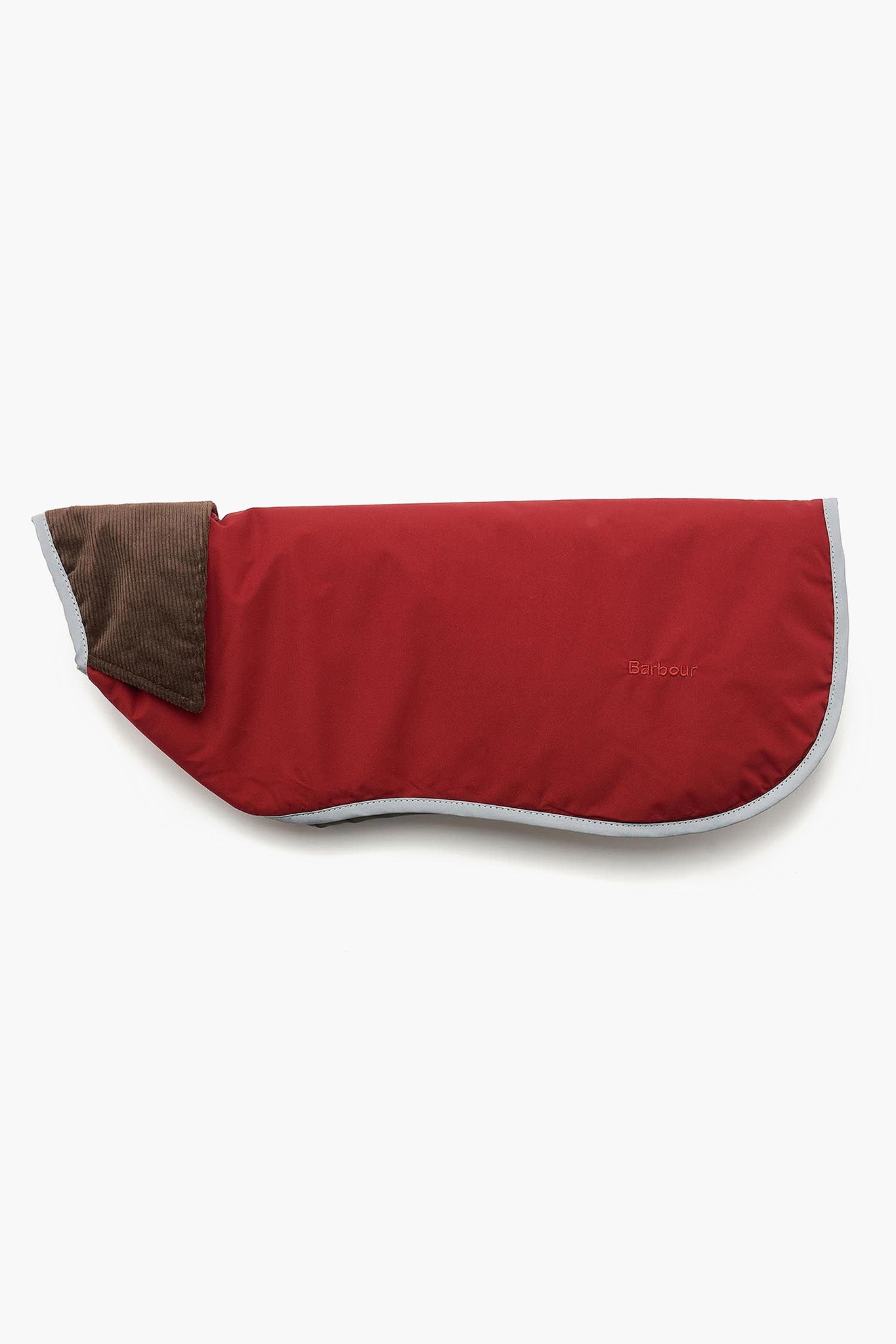 A Barbour red and brown lightweight dog coat with grey trim, shown laid flat.