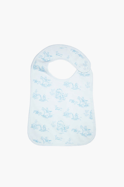 Nella Pima light blue and white baby feeding bib, made from soft Peruvian Pima cotton with a toile animal pattern and snap neck closure—a perfect luxury gift for babies.