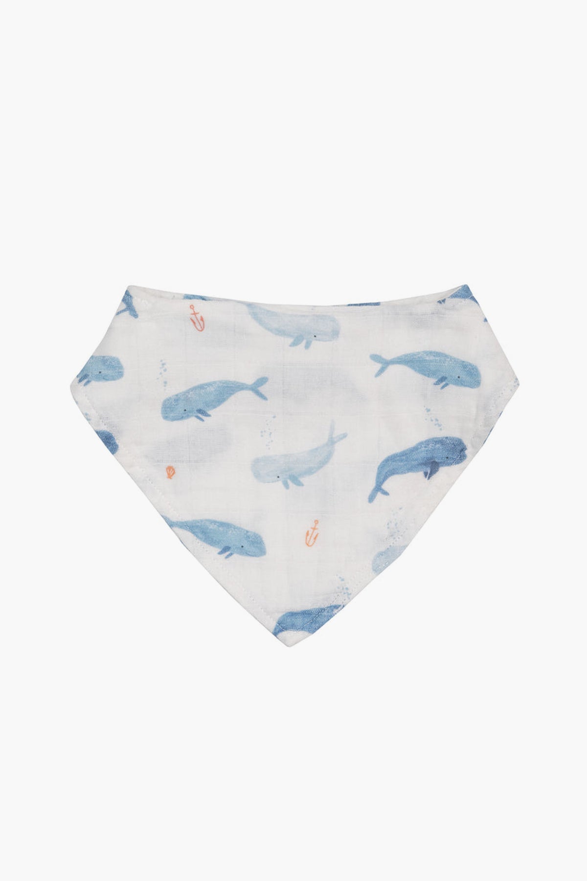 The Angel Dear white organic cotton muslin bandana bib features blue whales and small orange anchors—perfect for your little one.