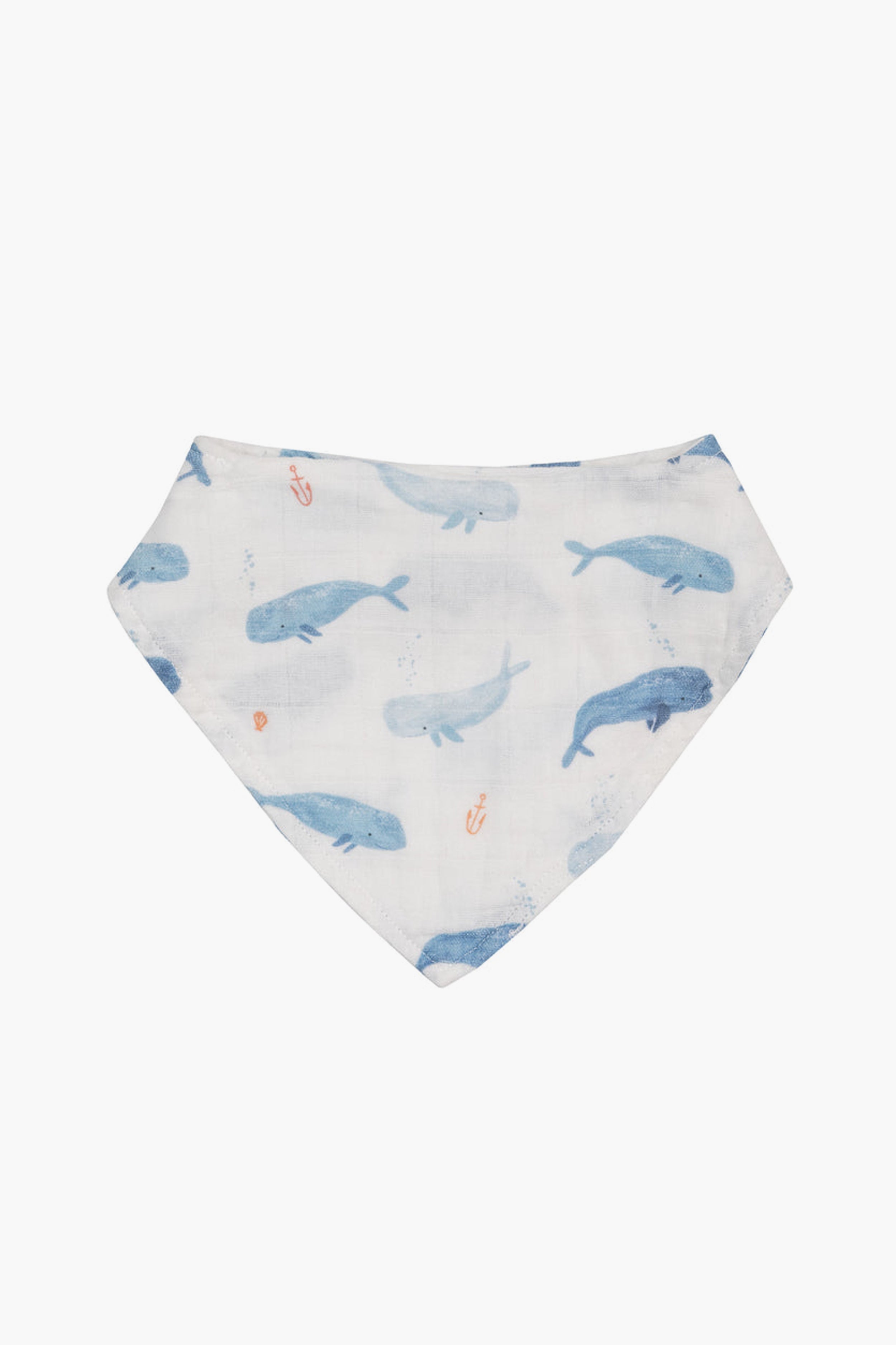 The Angel Dear white organic cotton muslin bandana bib features blue whales and small orange anchors—perfect for your little one.