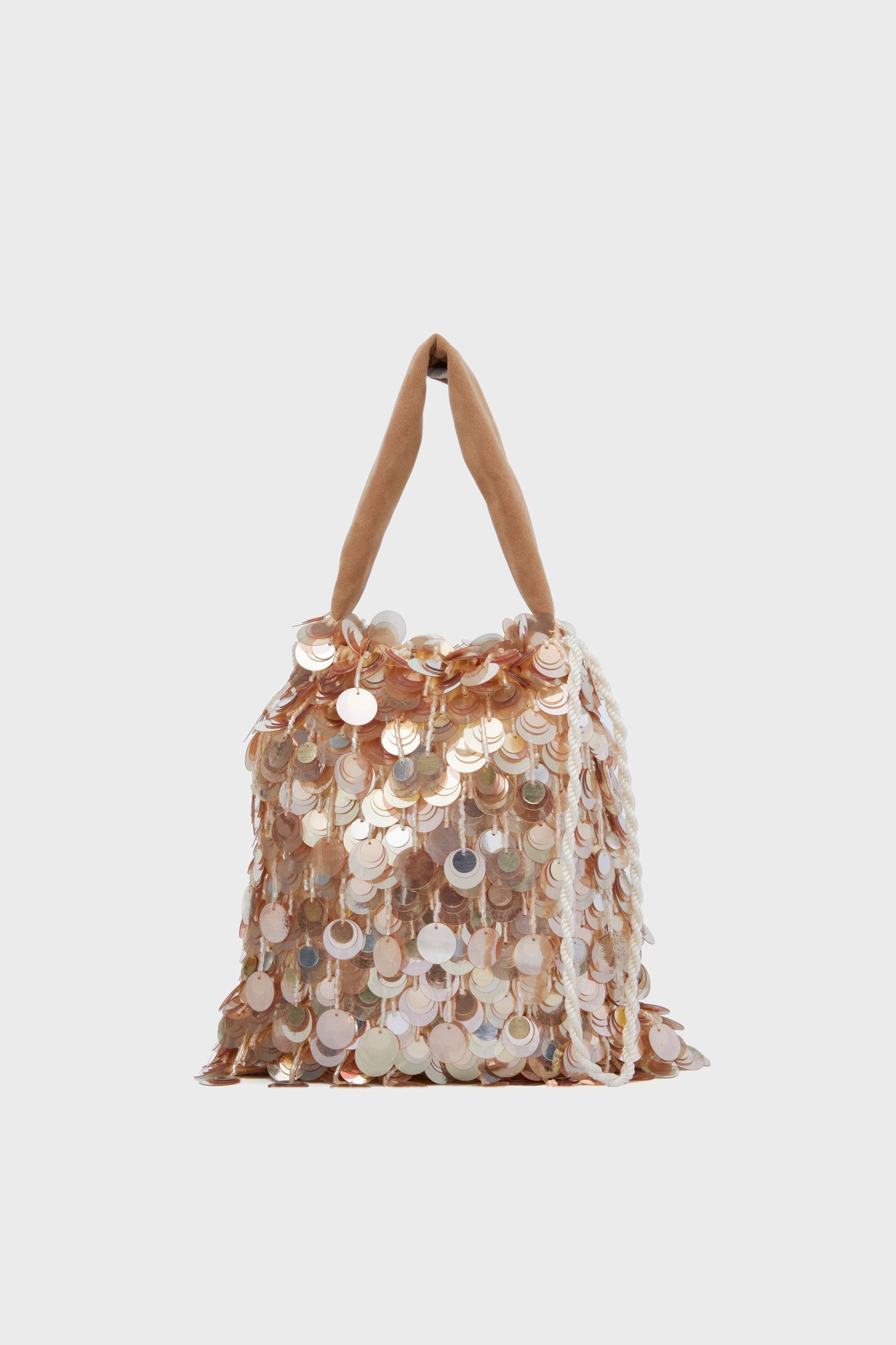 The Lizzie Fortunato Champagne Sequin Gala Bag features a tan velvet top handle and is adorned with large, shiny metallic gold and silver sequins—perfect as an elegant evening tote.