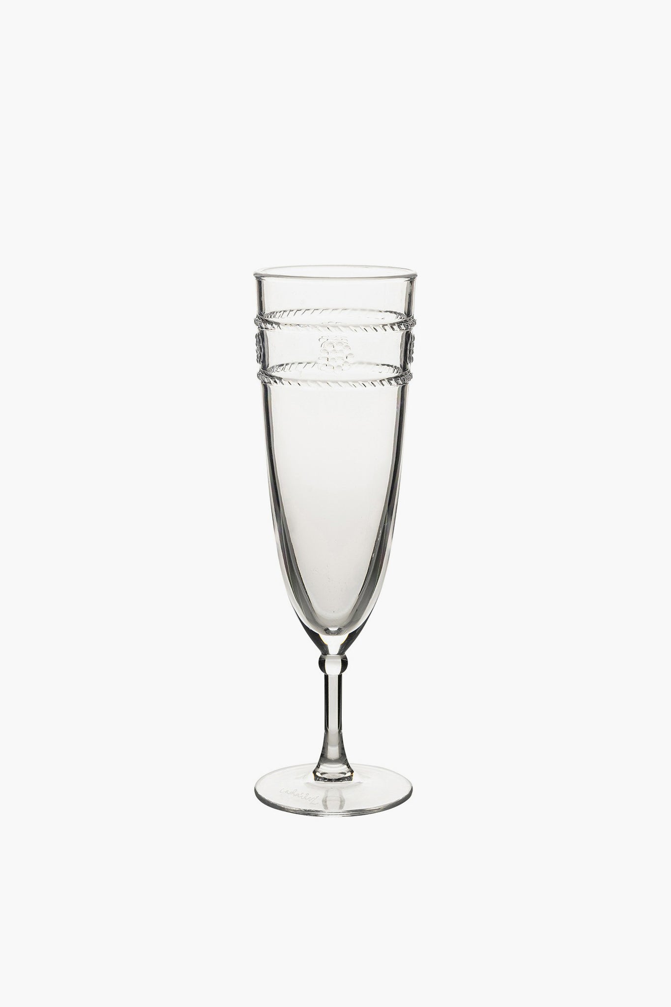 Juliska clear glass goblet featuring a short stem, wide base, and decorative bands around the upper bowl, from the Al Fresco Collection.