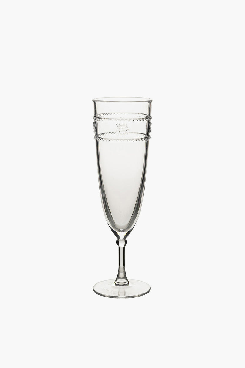 Juliska clear glass goblet featuring a short stem, wide base, and decorative bands around the upper bowl, from the Al Fresco Collection.
