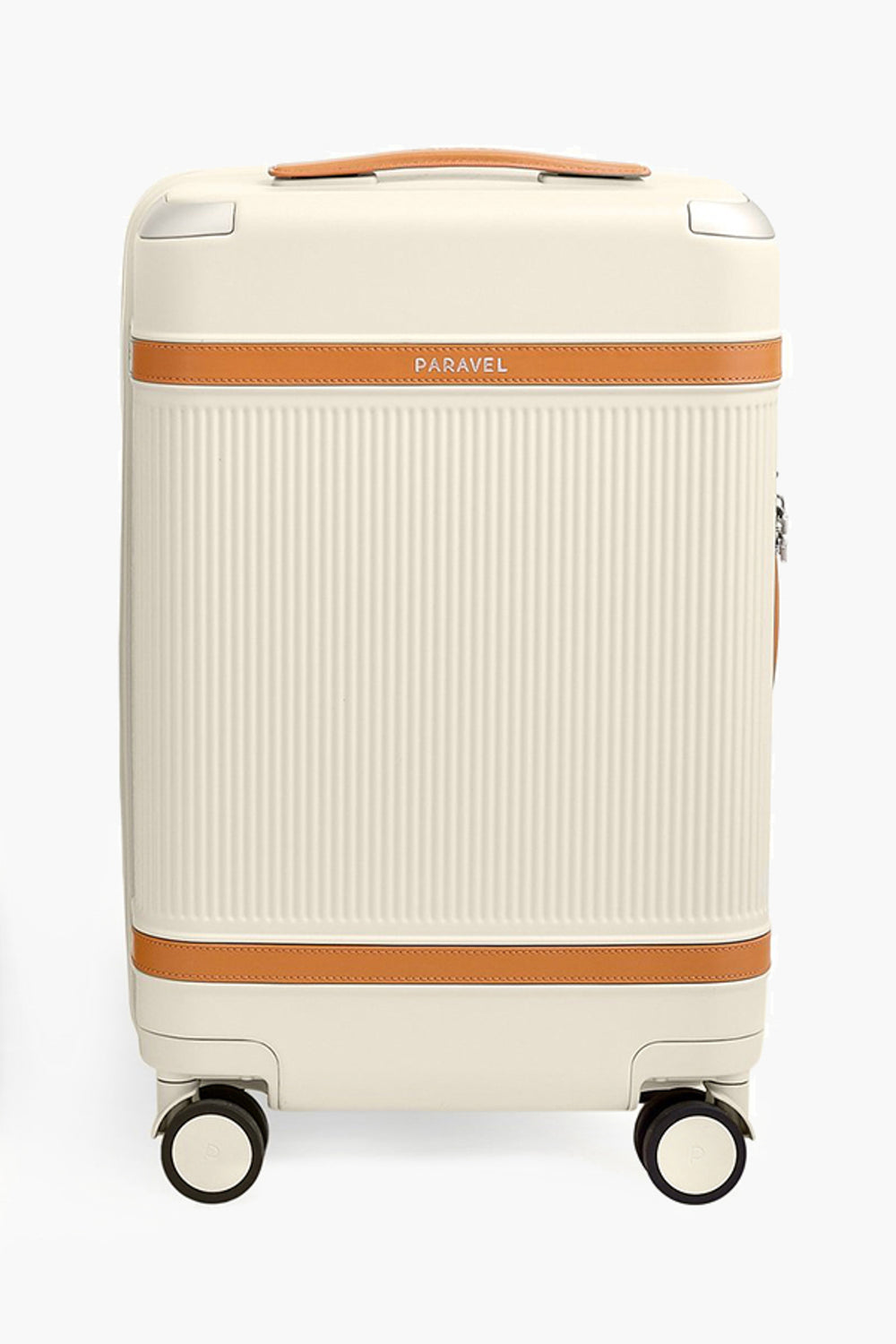 A cream-colored Paravel suitcase with brown leather accents stands upright on four wheels. Made from recycled polycarbonate, it is carbon-neutral and features a top handle and the Paravel logo near the top.