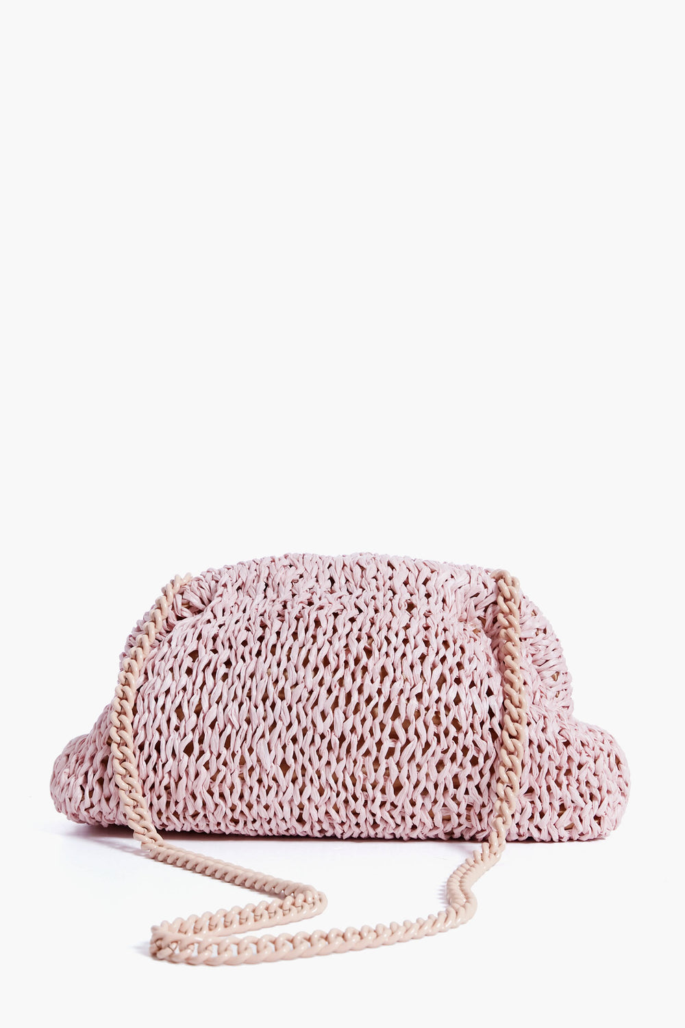 The Maria La Rosa light pink handwoven raffia bag with a matching braided shoulder strap highlights exquisite Italian craftsmanship.