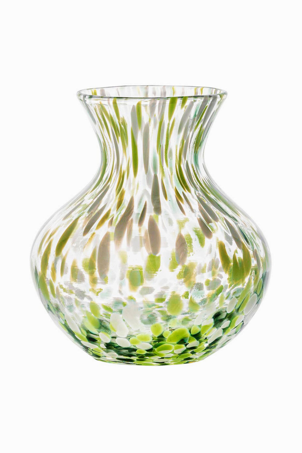 Juliska clear glass vase with a wide base and narrow neck, accented by green and yellow spots—an ideal stylish decor piece for your home.