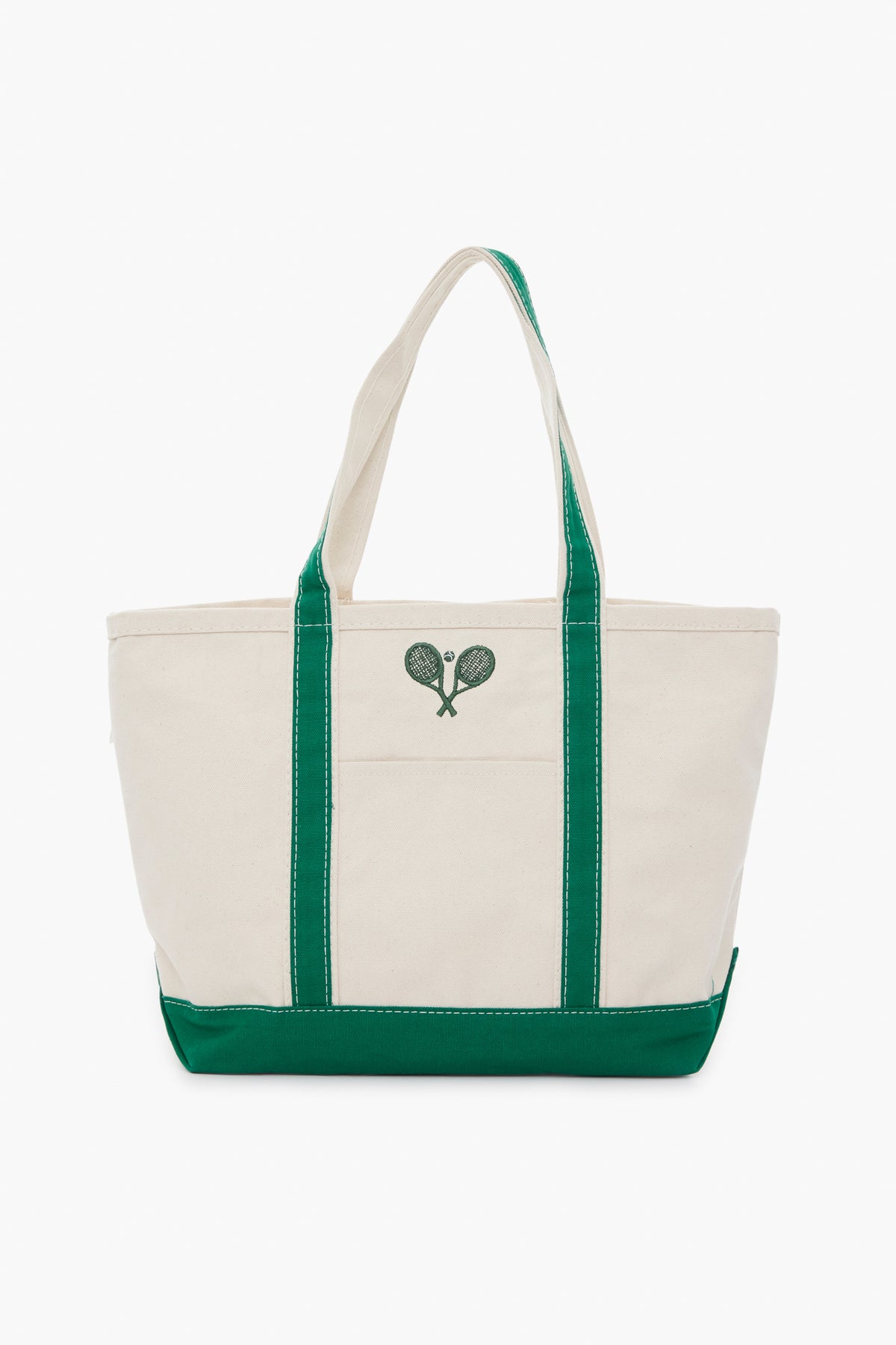 The Tnuck Sport tote features white canvas with green handles and an embroidered design of two crossed tennis rackets on the front, combining style and practicality.