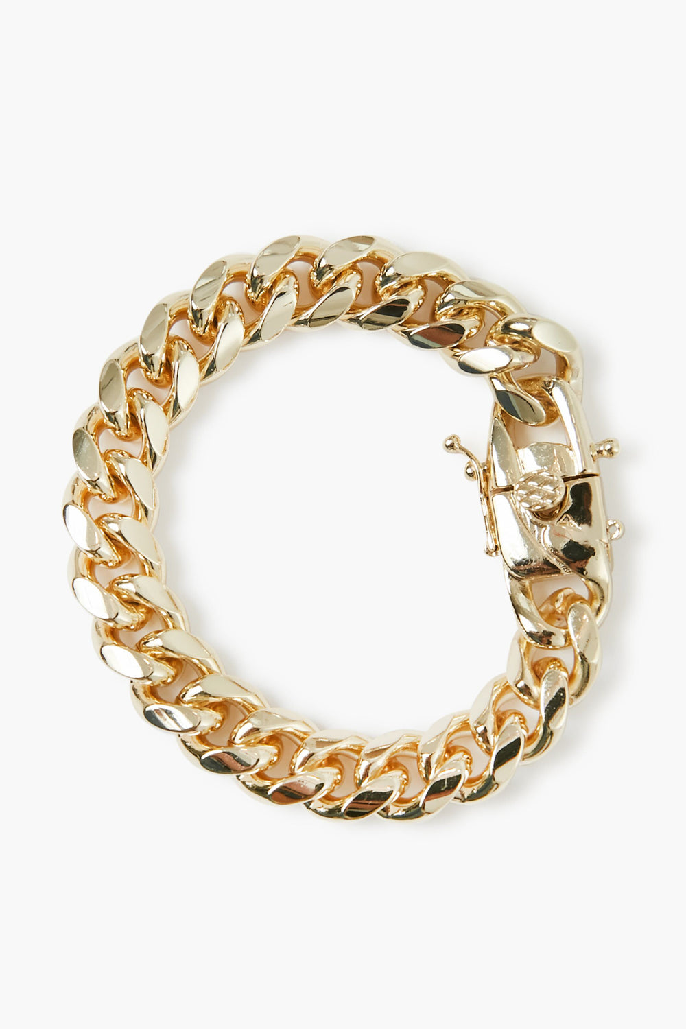 A circular, thick gold plated bracelet by Alexa Leigh featuring a box clasp.