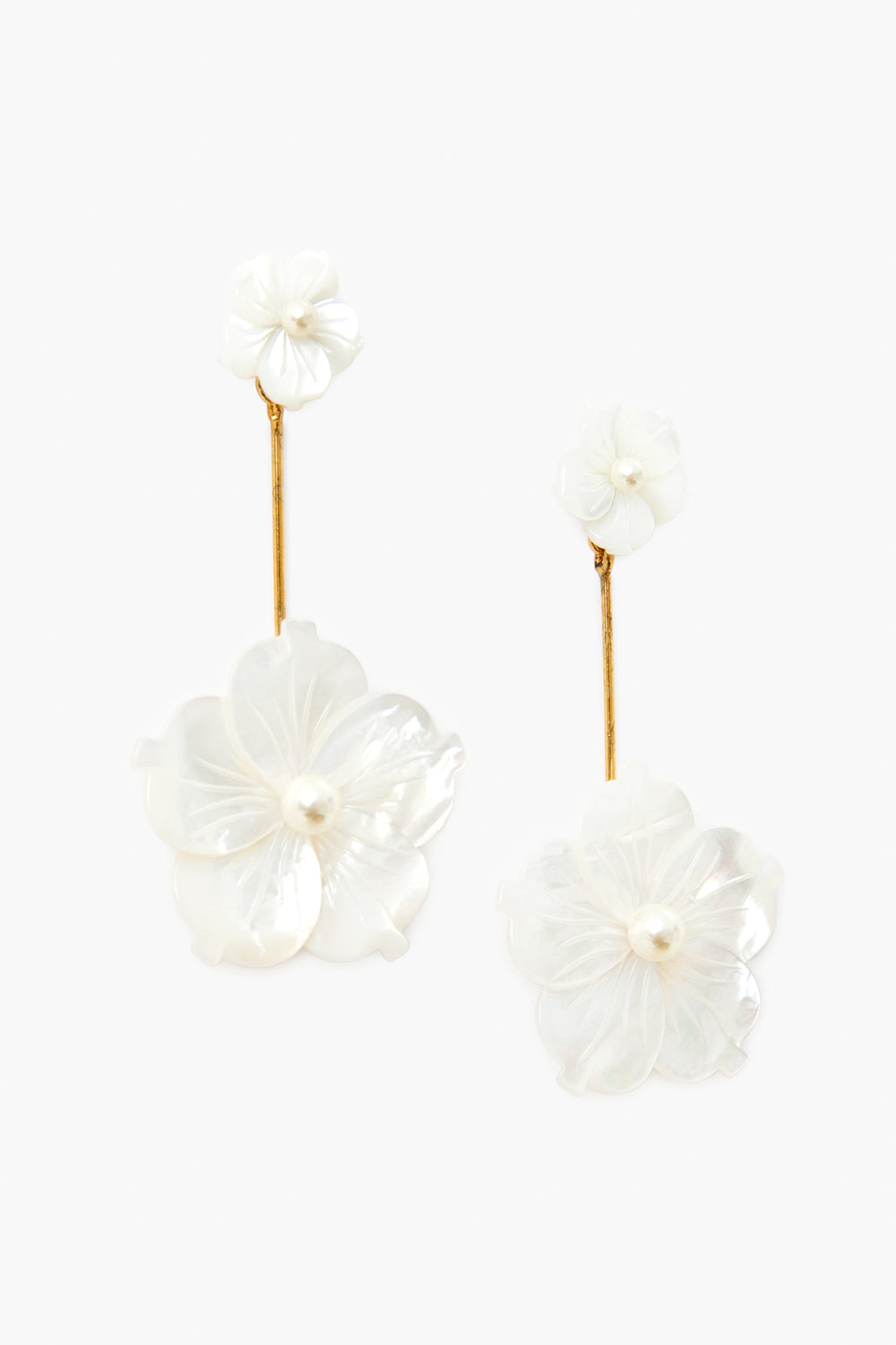 Jennifer Behr Floral Drop Earrings feature gold-colored stems and white flower-shaped designs with pearl-like centers, making them a perfect choice for handmade jewelry lovers.