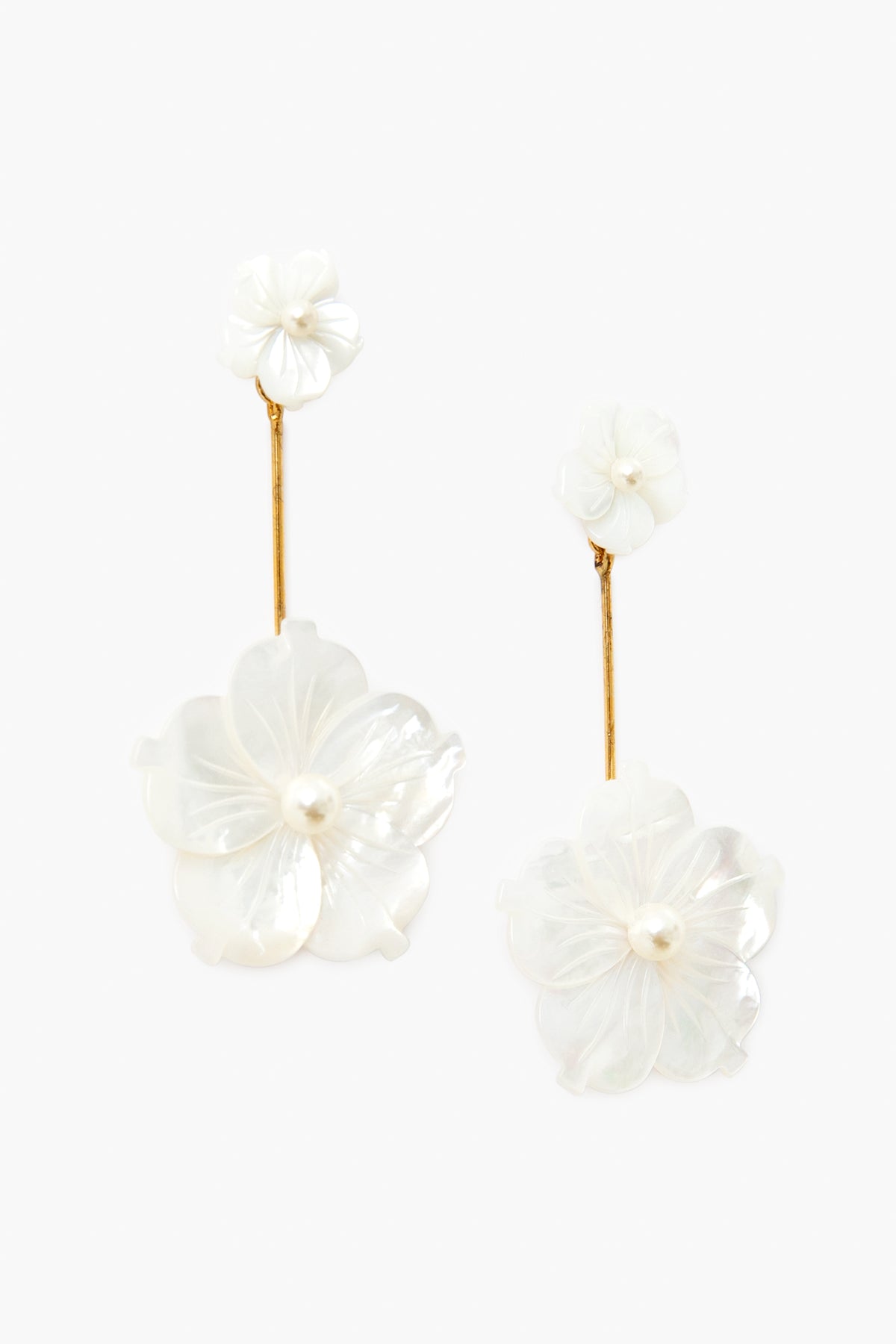 Jennifer Behr Floral Drop Earrings feature gold-colored stems and white flower-shaped designs with pearl-like centers, making them a perfect choice for handmade jewelry lovers.
