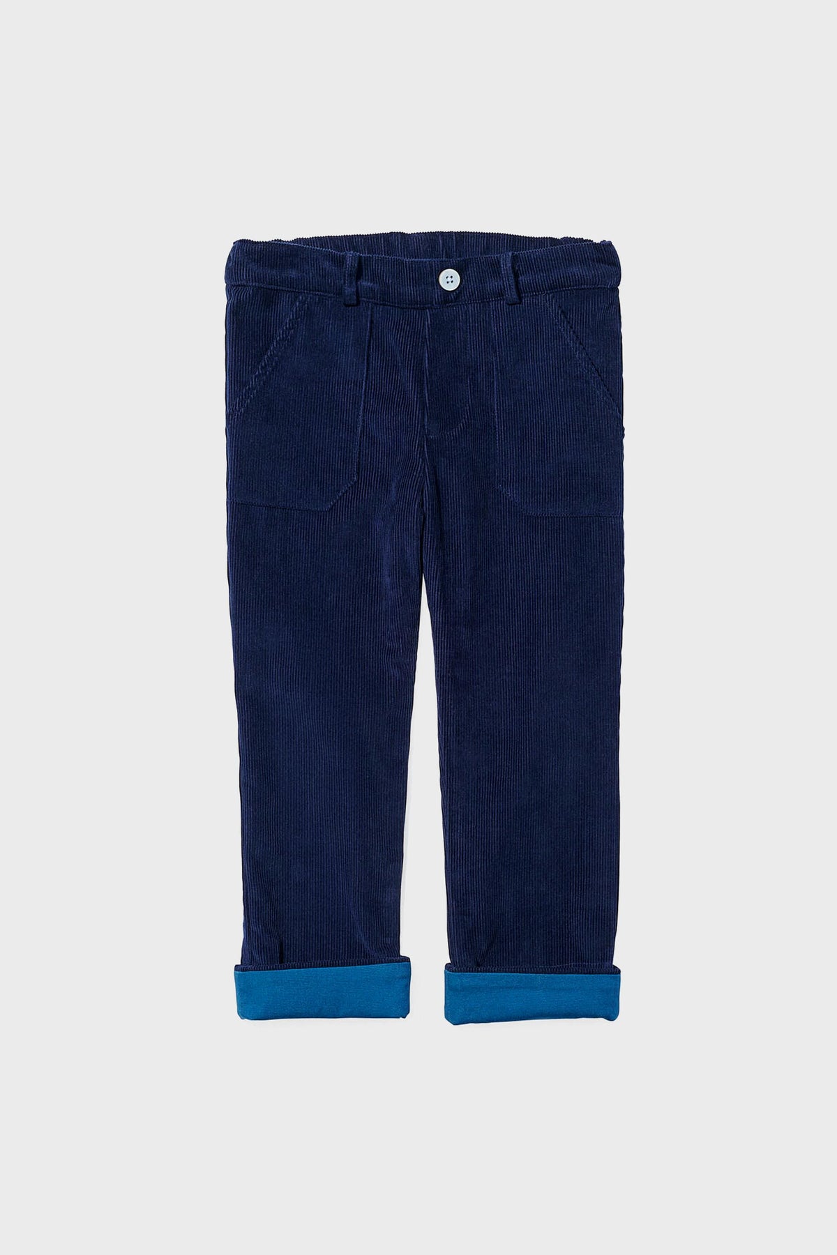 Oso & Me navy blue corduroy kids pants feature front pockets, a button closure, rolled-up cuffs, and an adjustable waistband for comfort.