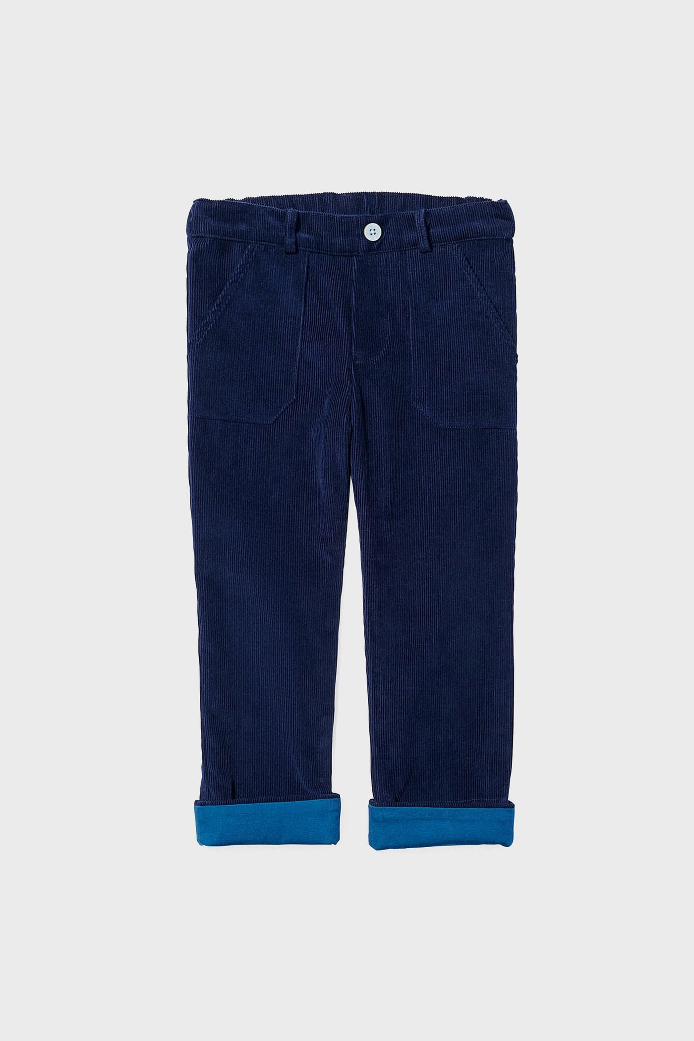 Oso & Me navy blue corduroy kids pants feature front pockets, a button closure, rolled-up cuffs, and an adjustable waistband for comfort.