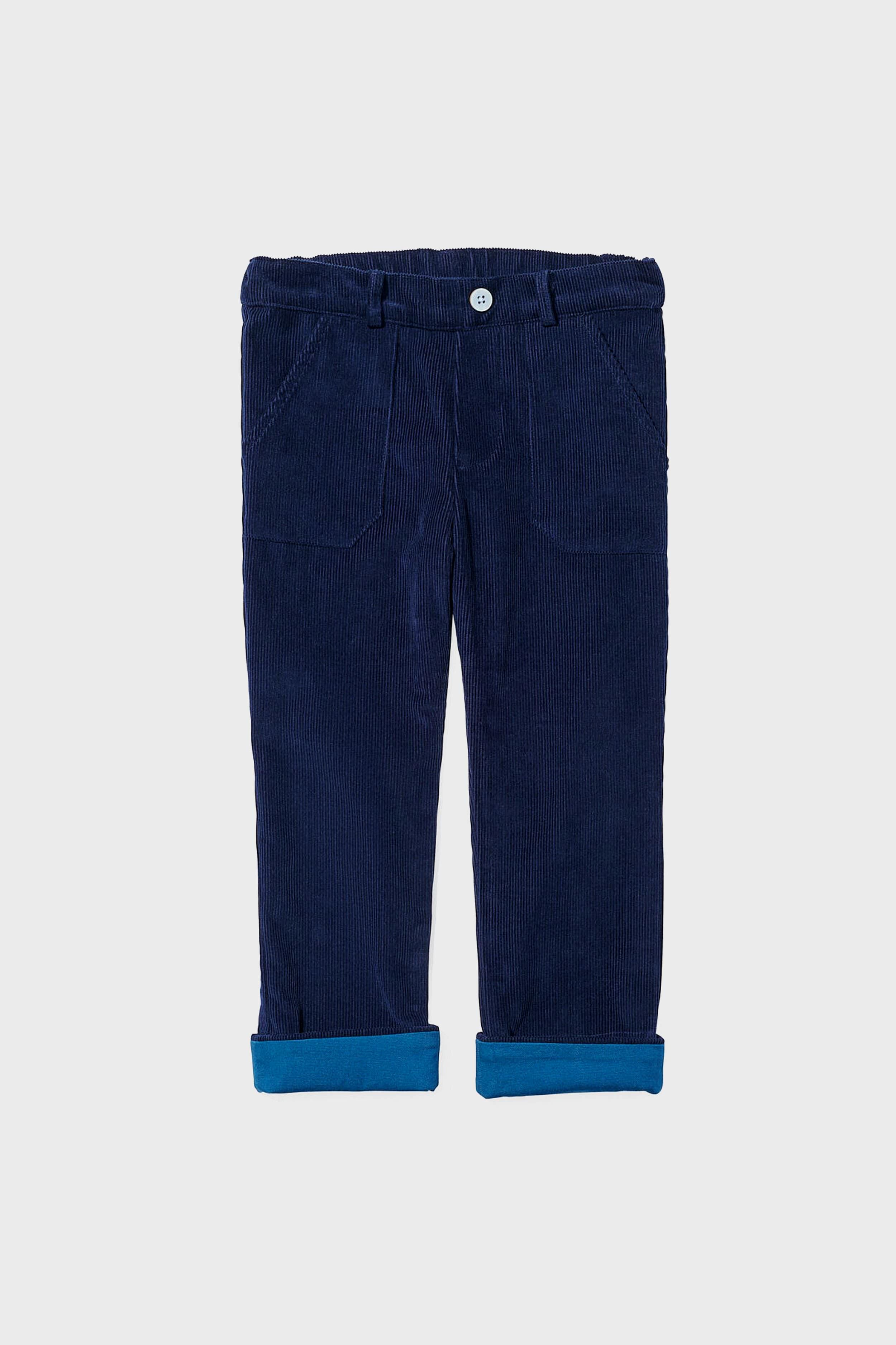 Oso & Me navy blue corduroy kids pants feature front pockets, a button closure, rolled-up cuffs, and an adjustable waistband for comfort.