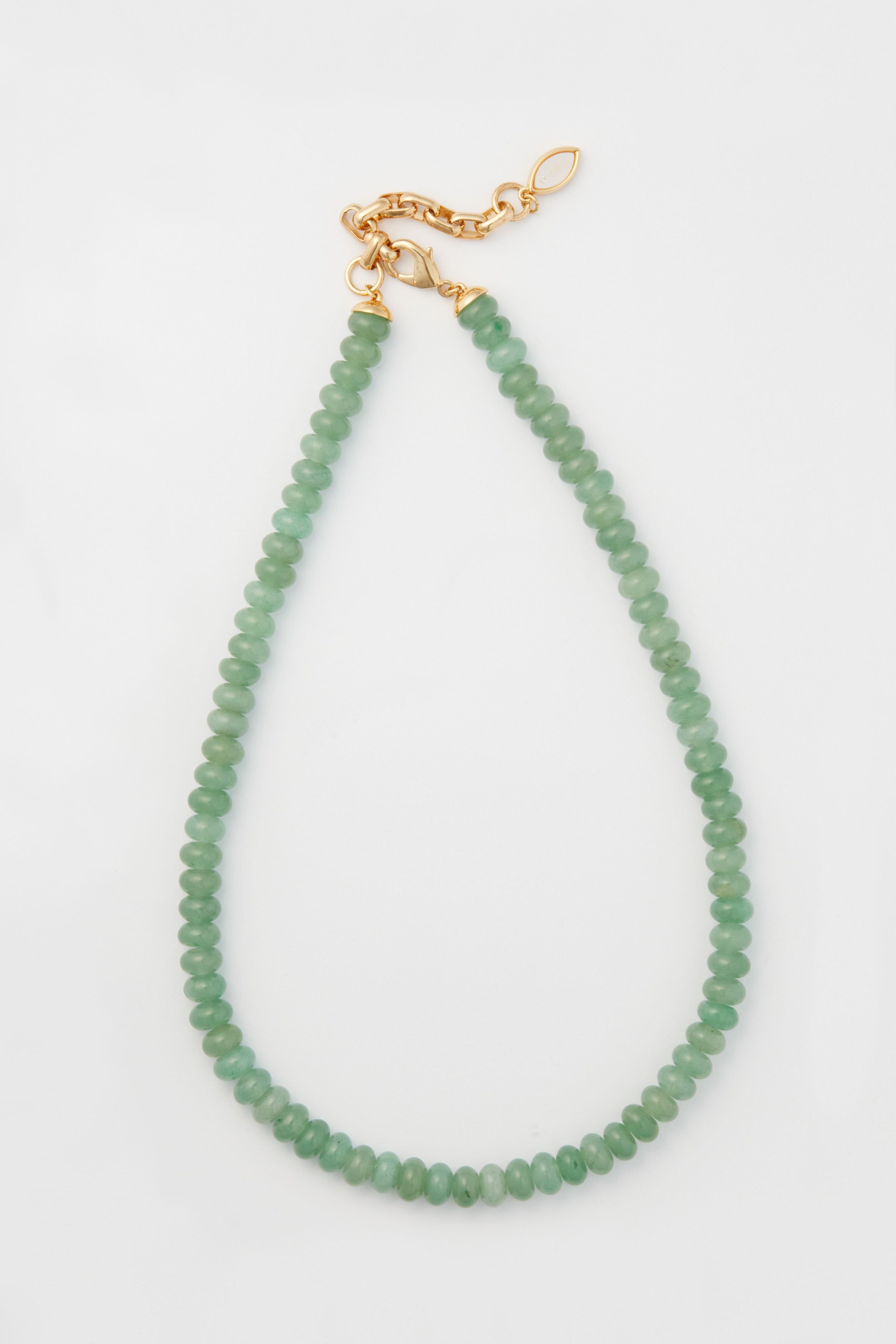 Mignonne Gavigan green beaded necklace with round beads and a gold chain clasp, perfect for layering as Amazonite jewelry.