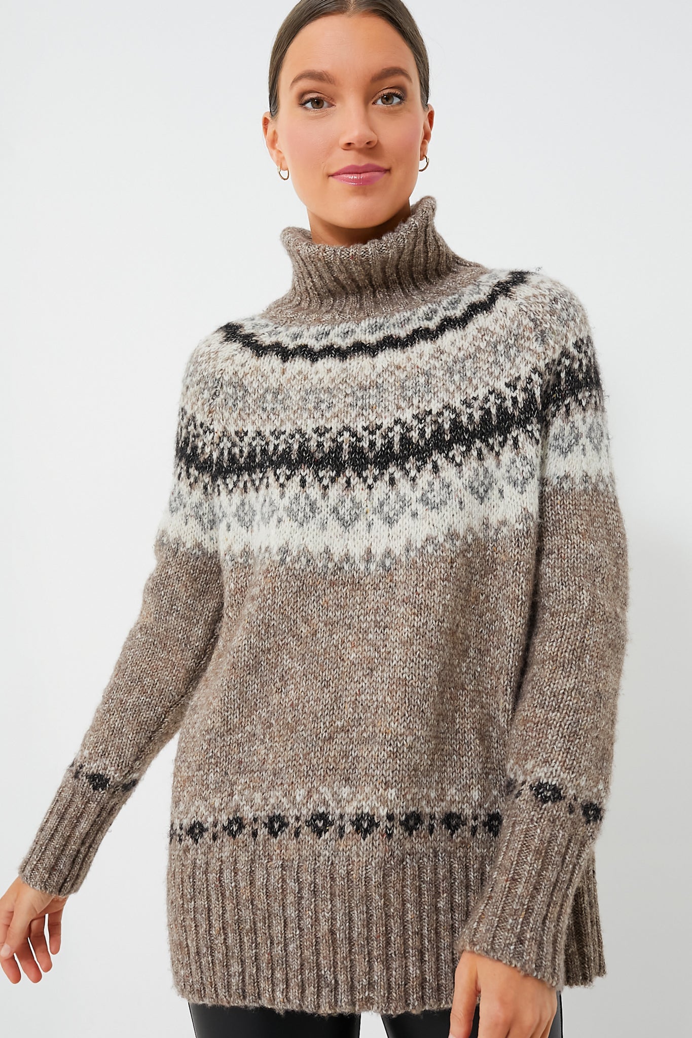 Roll Neck Cashmere Sweater - Grey Melange Fairisle