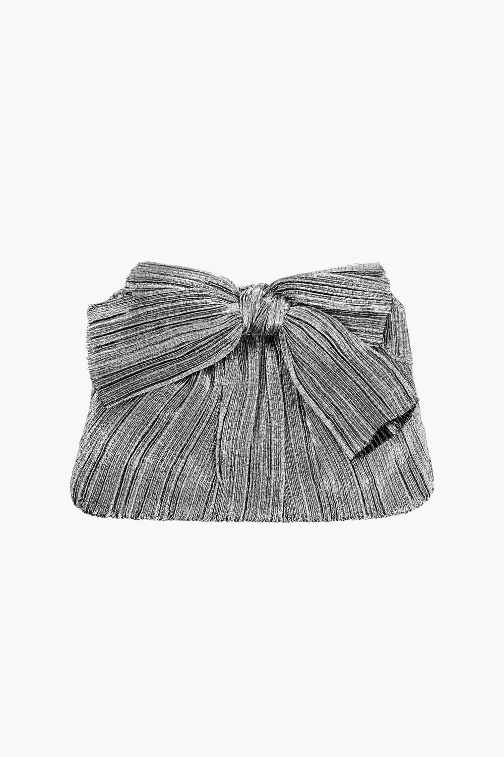 A silver lamé rectangular clutch by Loeffler Randall, featuring pleated fabric and a prominent front bow.