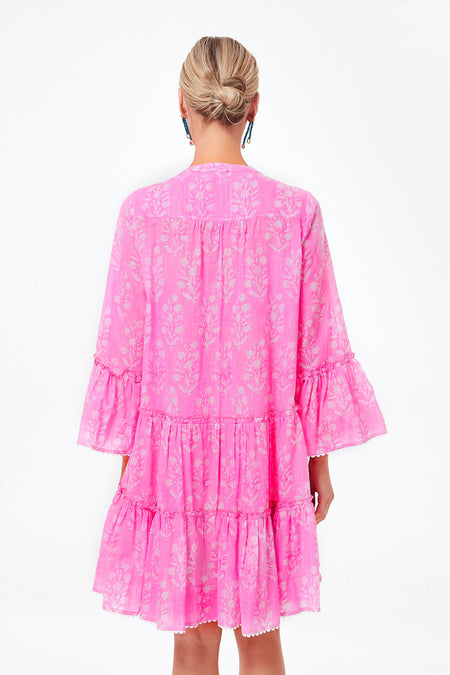 Exclusive Orchid Small Flower Lurex Flared Sleeve Dress